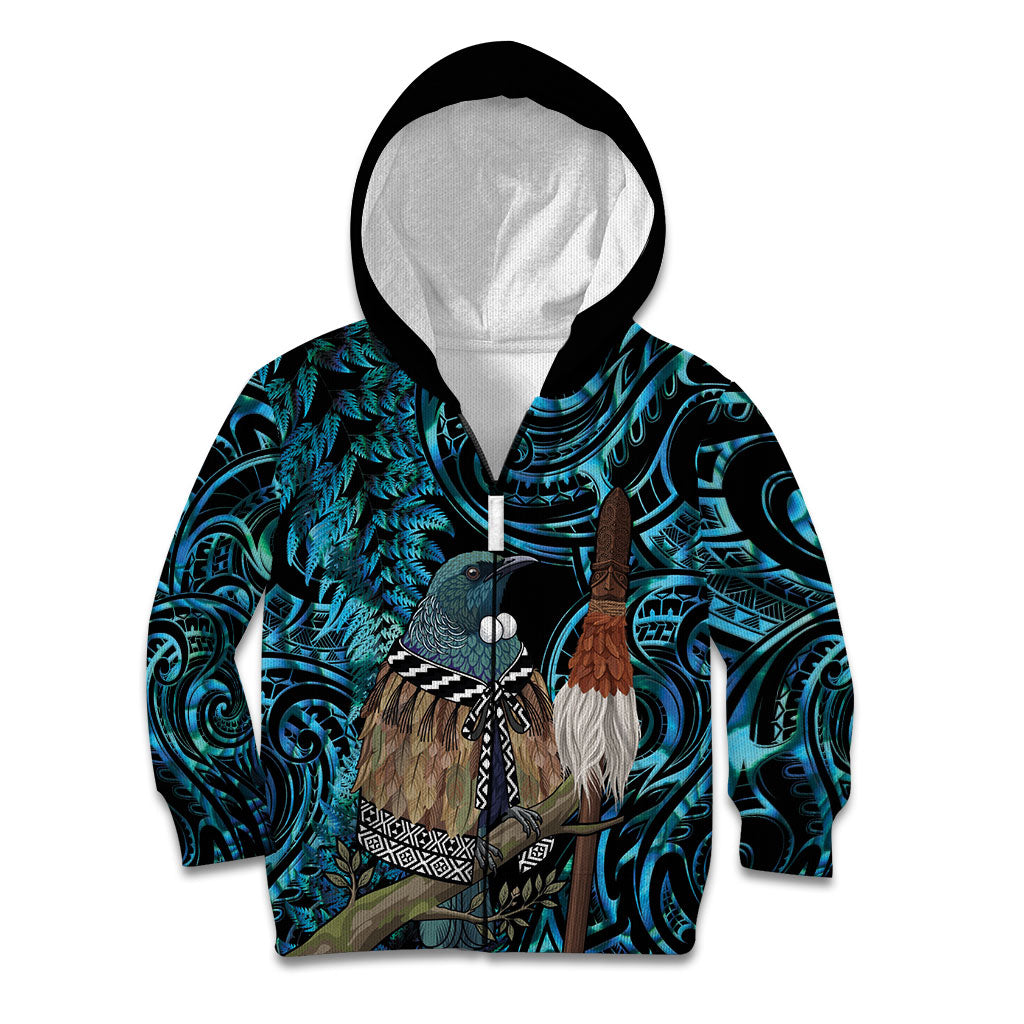 New Zealand Tui Bird Taiaha Kid Hoodie Maori Weapon Paua Shell Mix Silver Fern LT14 Zip Hoodie Turquoise - Polynesian Pride