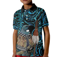 New Zealand Tui Bird Taiaha Kid Polo Shirt Maori Weapon Paua Shell Mix Silver Fern LT14 Kid Turquoise - Polynesian Pride