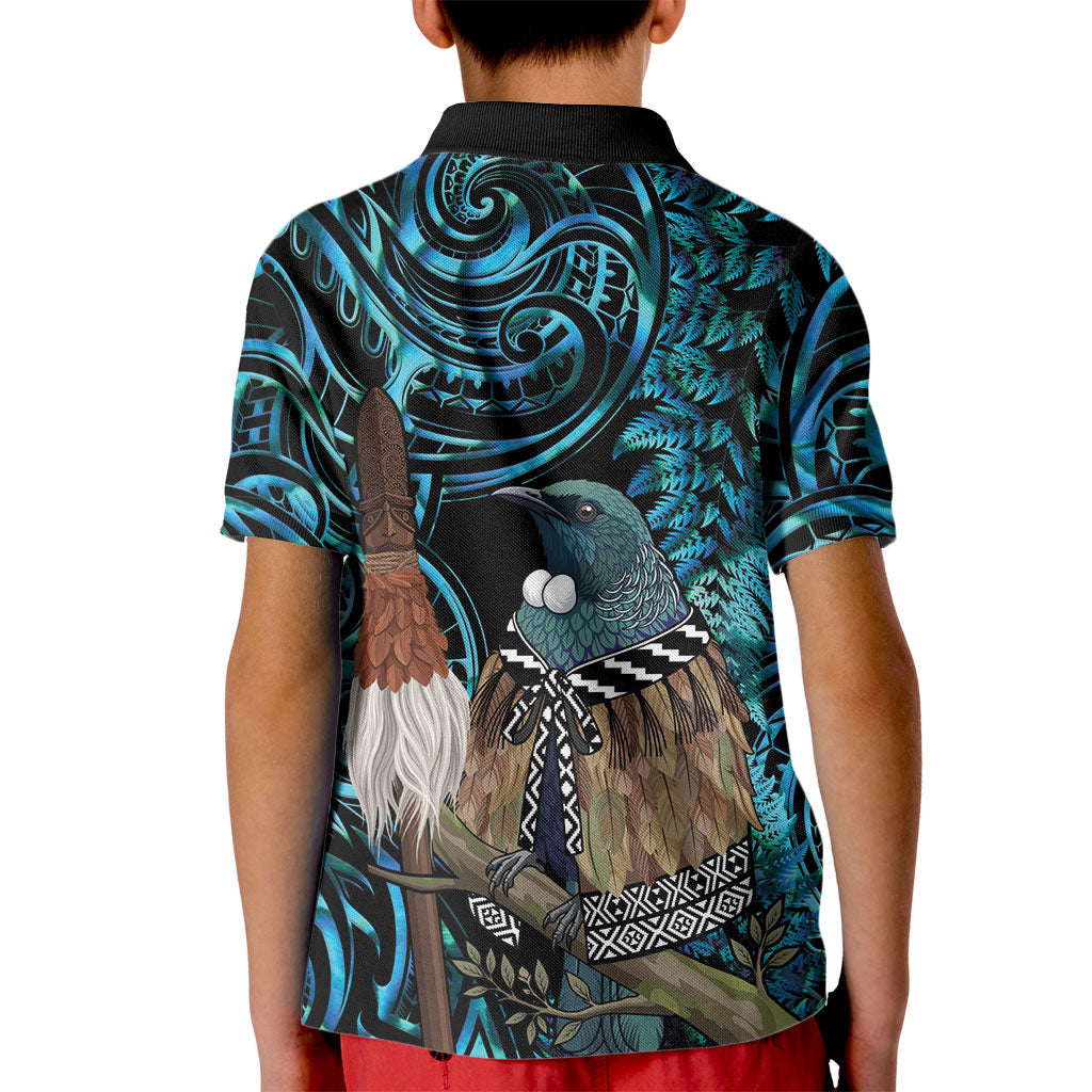 New Zealand Tui Bird Taiaha Kid Polo Shirt Maori Weapon Paua Shell Mix Silver Fern LT14 - Polynesian Pride