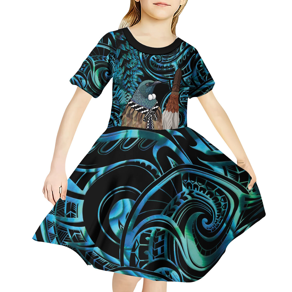New Zealand Tui Bird Taiaha Kid Short Sleeve Dress Maori Weapon Paua Shell Mix Silver Fern LT14 - Polynesian Pride