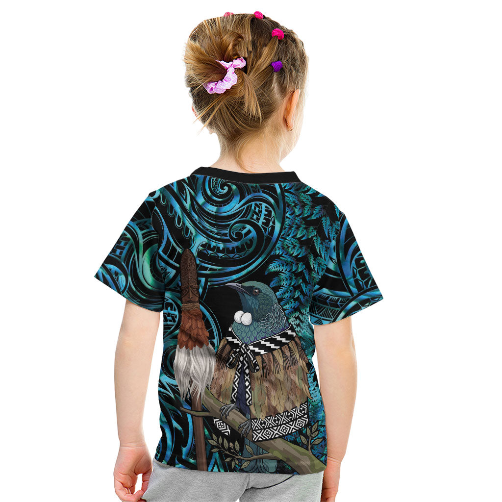 New Zealand Tui Bird Taiaha Kid T Shirt Maori Weapon Paua Shell Mix Silver Fern LT14 - Polynesian Pride