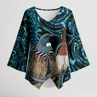 New Zealand Tui Bird Taiaha Kimono Sleeve Blouse Maori Weapon Paua Shell Mix Silver Fern LT14 Female Turquoise - Polynesian Pride