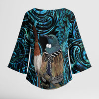 New Zealand Tui Bird Taiaha Kimono Sleeve Blouse Maori Weapon Paua Shell Mix Silver Fern LT14 - Polynesian Pride