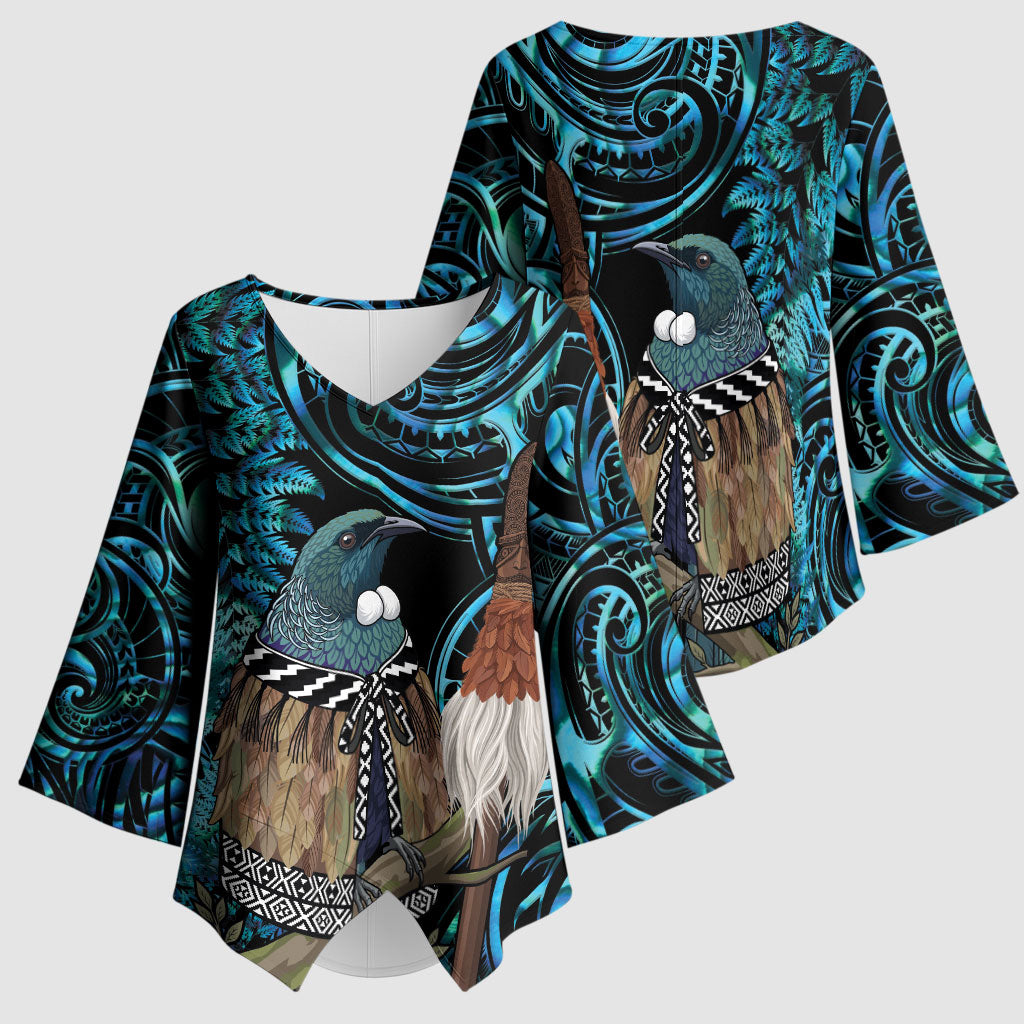 New Zealand Tui Bird Taiaha Kimono Sleeve Blouse Maori Weapon Paua Shell Mix Silver Fern LT14 - Polynesian Pride