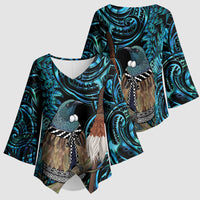 New Zealand Tui Bird Taiaha Kimono Sleeve Blouse Maori Weapon Paua Shell Mix Silver Fern LT14 - Polynesian Pride