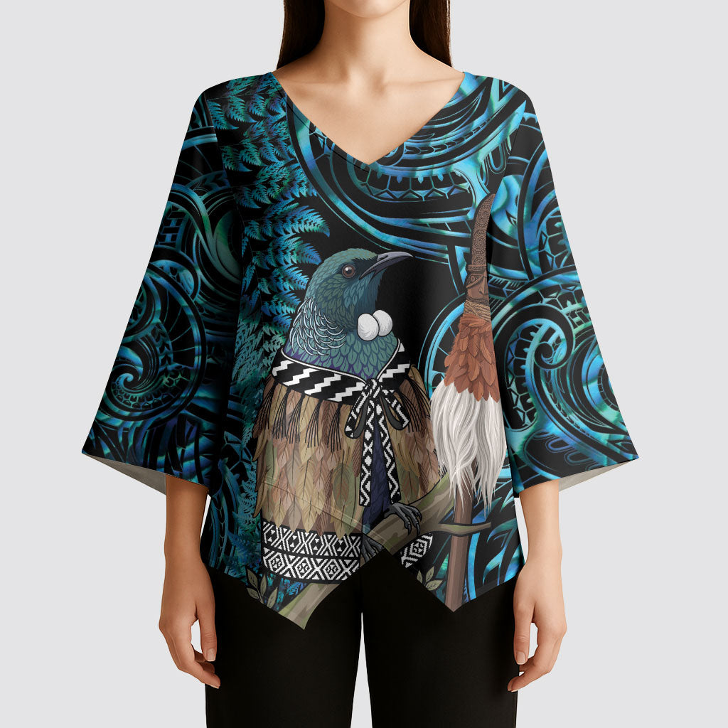 New Zealand Tui Bird Taiaha Kimono Sleeve Blouse Maori Weapon Paua Shell Mix Silver Fern LT14 - Polynesian Pride