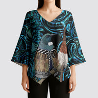New Zealand Tui Bird Taiaha Kimono Sleeve Blouse Maori Weapon Paua Shell Mix Silver Fern LT14 - Polynesian Pride