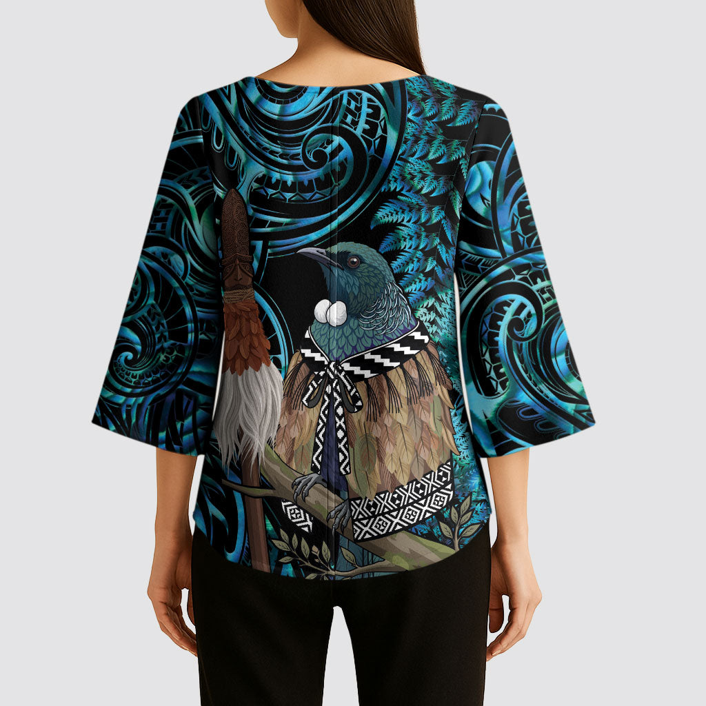 New Zealand Tui Bird Taiaha Kimono Sleeve Blouse Maori Weapon Paua Shell Mix Silver Fern LT14 - Polynesian Pride