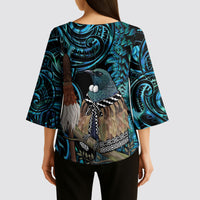 New Zealand Tui Bird Taiaha Kimono Sleeve Blouse Maori Weapon Paua Shell Mix Silver Fern LT14 - Polynesian Pride