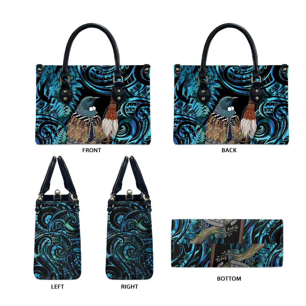 New Zealand Tui Bird Taiaha Leather Bag Maori Weapon Paua Shell Mix Silver Fern LT14 - Polynesian Pride