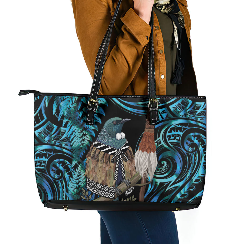 New Zealand Tui Bird Taiaha Leather Tote Bag Maori Weapon Paua Shell Mix Silver Fern LT14 - Polynesian Pride
