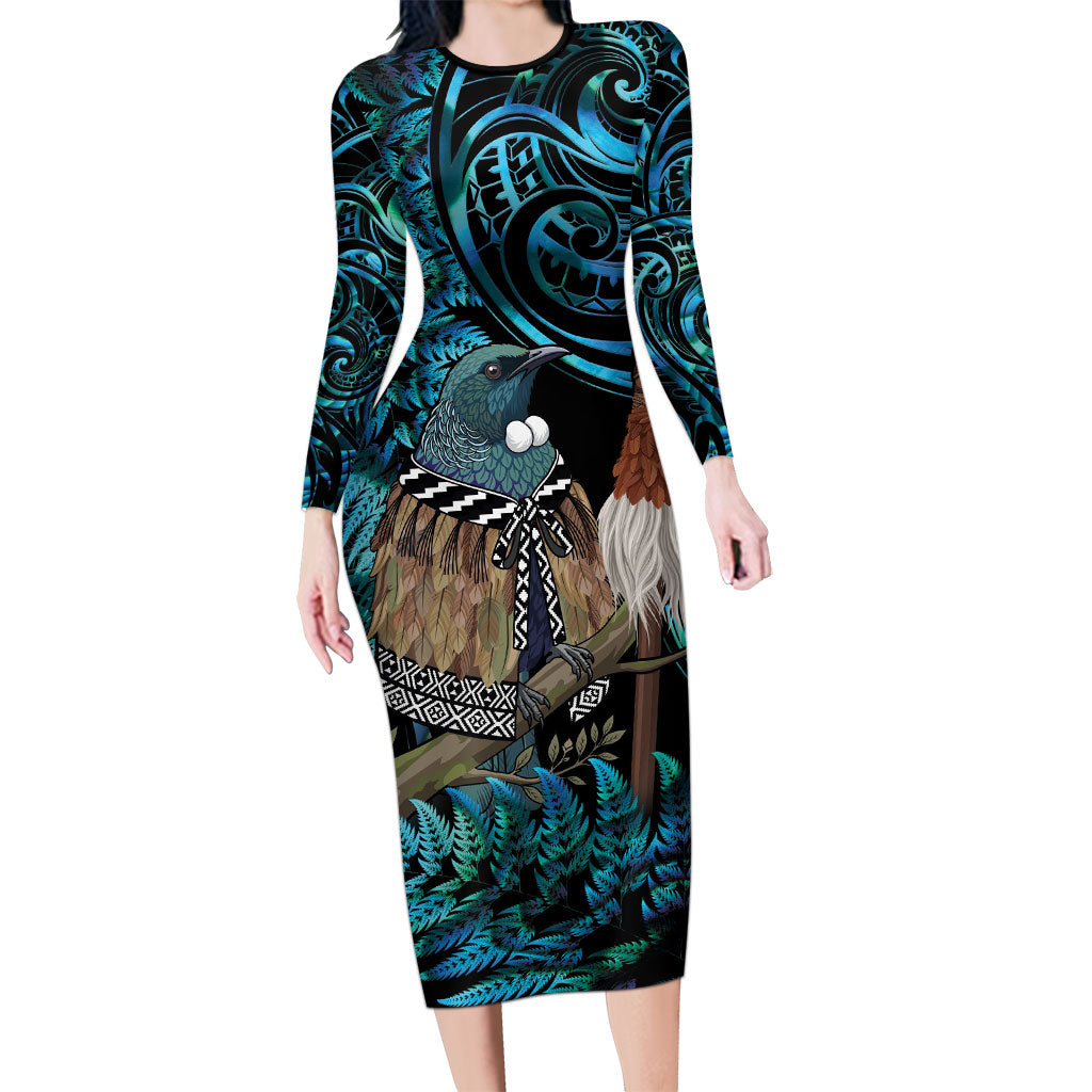 New Zealand Tui Bird Taiaha Long Sleeve Bodycon Dress Maori Weapon Paua Shell Mix Silver Fern LT14 Long Dress Turquoise - Polynesian Pride