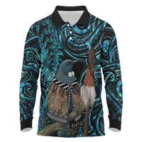 New Zealand Tui Bird Taiaha Long Sleeve Polo Shirt Maori Weapon Paua Shell Mix Silver Fern LT14 Turquoise - Polynesian Pride
