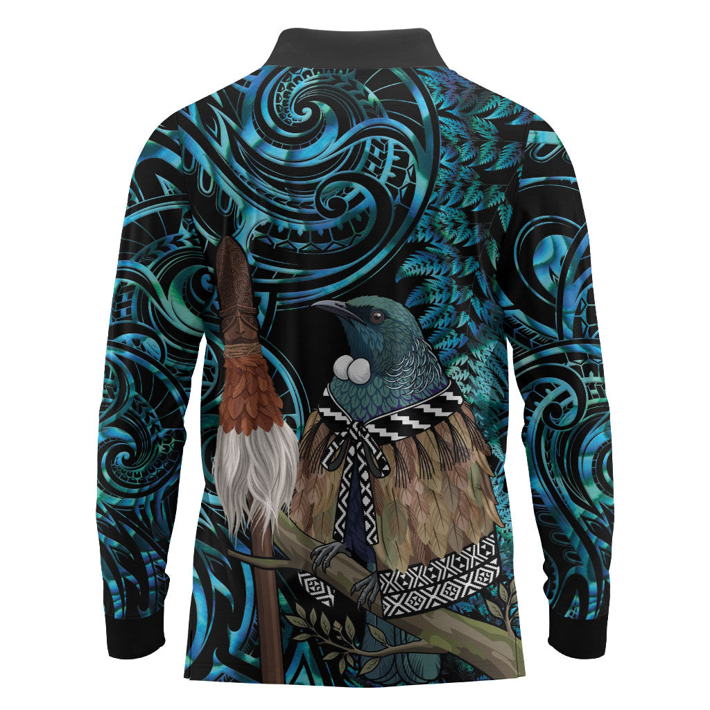 New Zealand Tui Bird Taiaha Long Sleeve Polo Shirt Maori Weapon Paua Shell Mix Silver Fern LT14 - Polynesian Pride