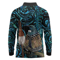 New Zealand Tui Bird Taiaha Long Sleeve Polo Shirt Maori Weapon Paua Shell Mix Silver Fern LT14 - Polynesian Pride