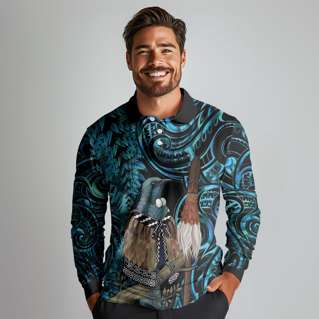 New Zealand Tui Bird Taiaha Long Sleeve Polo Shirt Maori Weapon Paua Shell Mix Silver Fern LT14 - Polynesian Pride