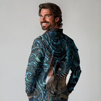 New Zealand Tui Bird Taiaha Long Sleeve Polo Shirt Maori Weapon Paua Shell Mix Silver Fern LT14 - Polynesian Pride