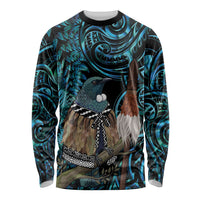 New Zealand Tui Bird Taiaha Long Sleeve Shirt Maori Weapon Paua Shell Mix Silver Fern LT14 Unisex Turquoise - Polynesian Pride