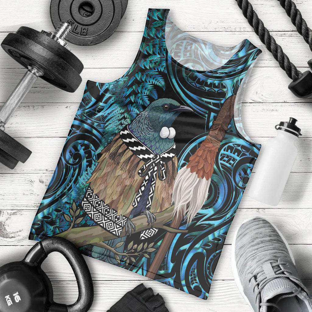 New Zealand Tui Bird Taiaha Men Tank Top Maori Weapon Paua Shell Mix Silver Fern LT14 - Polynesian Pride
