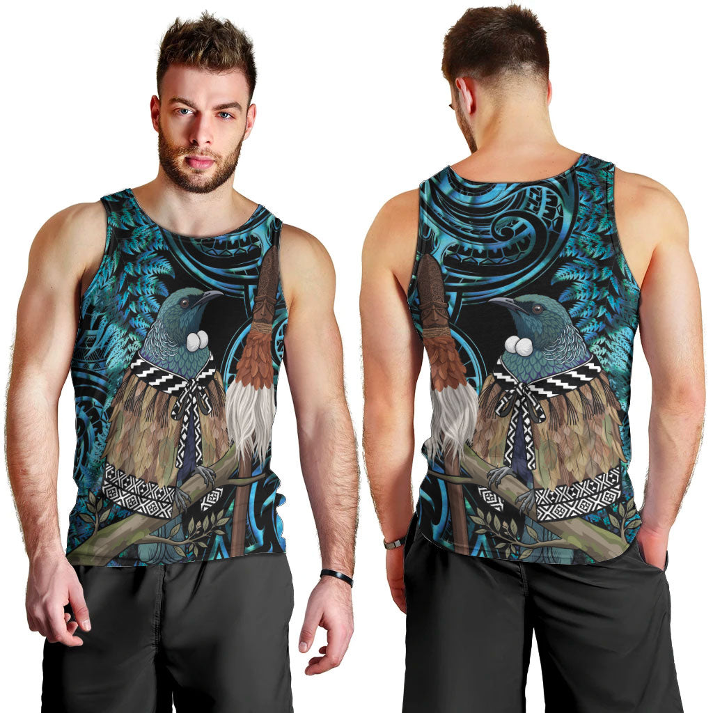 New Zealand Tui Bird Taiaha Men Tank Top Maori Weapon Paua Shell Mix Silver Fern LT14 - Polynesian Pride