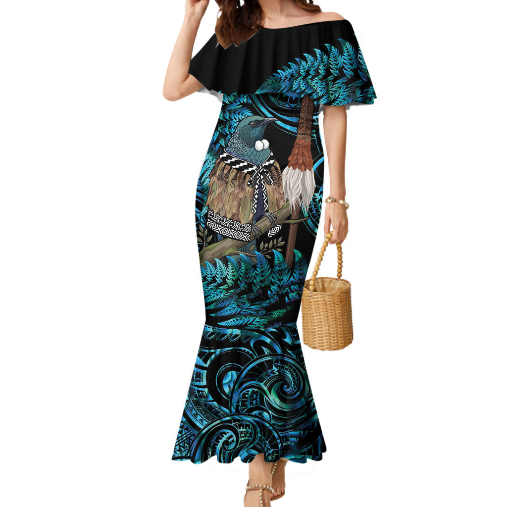 New Zealand Tui Bird Taiaha Mermaid Dress Maori Weapon Paua Shell Mix Silver Fern LT14 Women Turquoise - Polynesian Pride