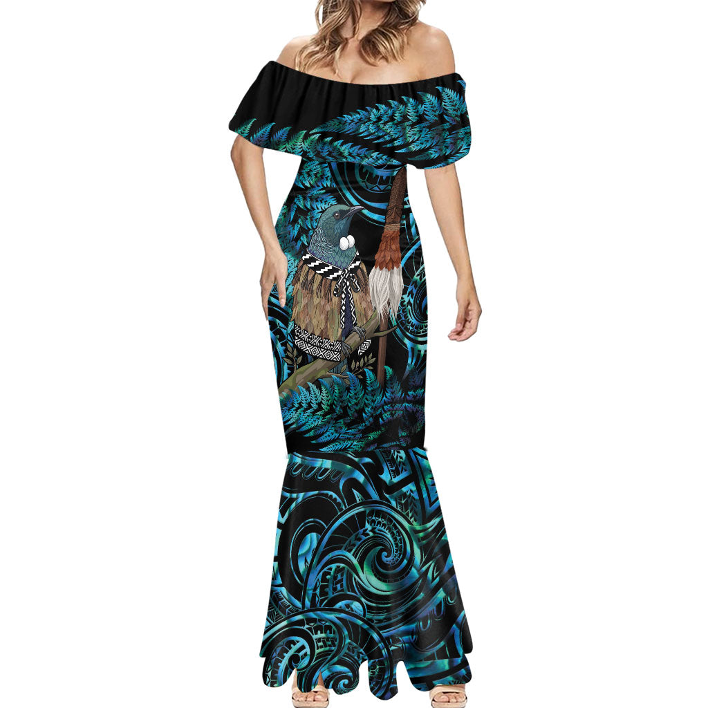 New Zealand Tui Bird Taiaha Mermaid Dress Maori Weapon Paua Shell Mix Silver Fern LT14 - Polynesian Pride