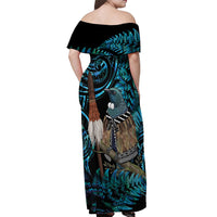 New Zealand Tui Bird Taiaha Off Shoulder Maxi Dress Maori Weapon Paua Shell Mix Silver Fern LT14 - Polynesian Pride