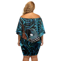 New Zealand Tui Bird Taiaha Off Shoulder Short Dress Maori Weapon Paua Shell Mix Silver Fern LT14 - Polynesian Pride