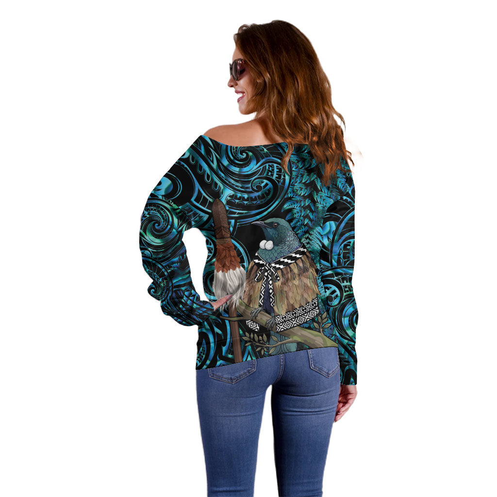 New Zealand Tui Bird Taiaha Off Shoulder Sweater Maori Weapon Paua Shell Mix Silver Fern LT14 - Polynesian Pride