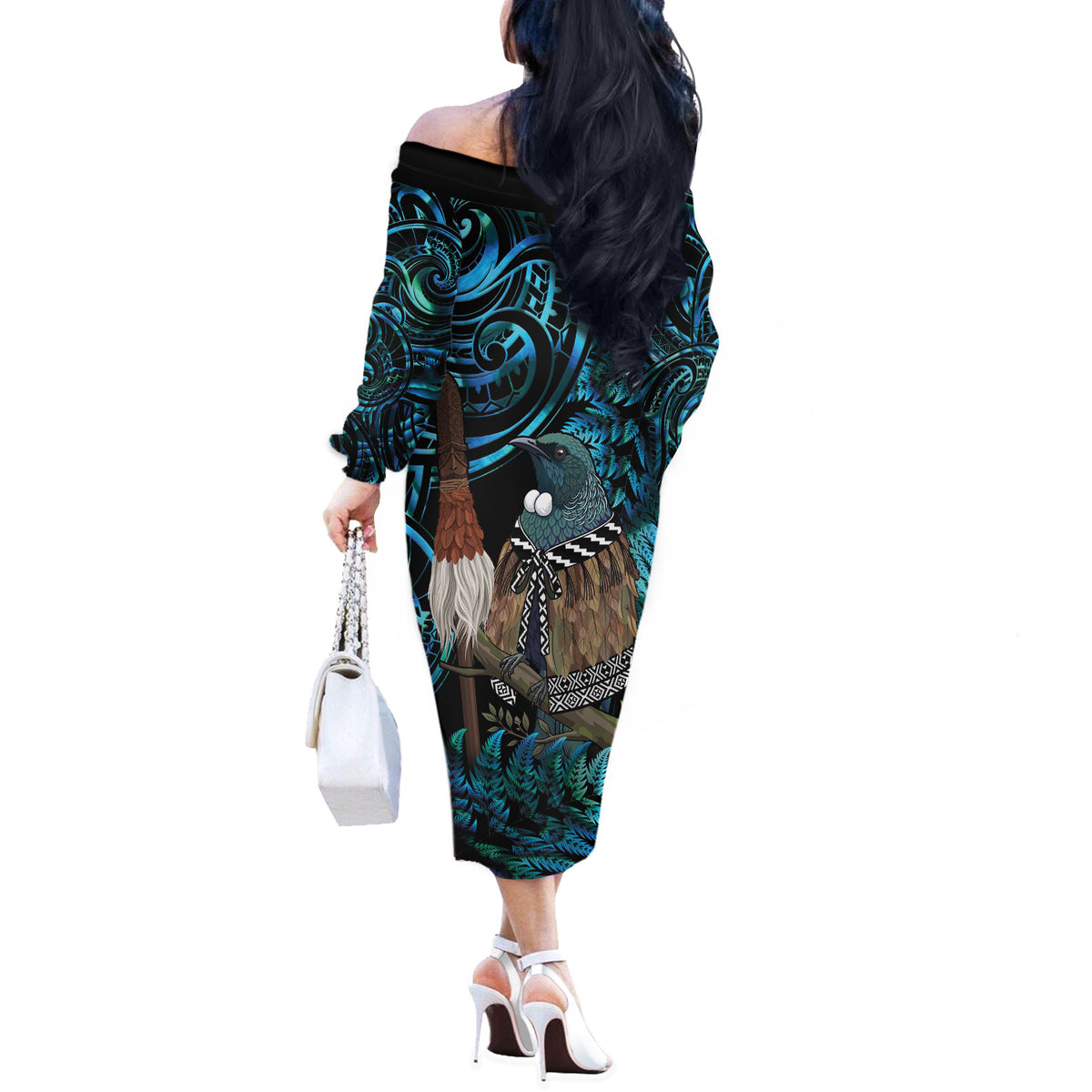 New Zealand Tui Bird Taiaha Off The Shoulder Long Sleeve Dress Maori Weapon Paua Shell Mix Silver Fern LT14 - Polynesian Pride