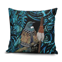 New Zealand Tui Bird Taiaha Pillow Cover Maori Weapon Paua Shell Mix Silver Fern LT14 Turquoise - Polynesian Pride