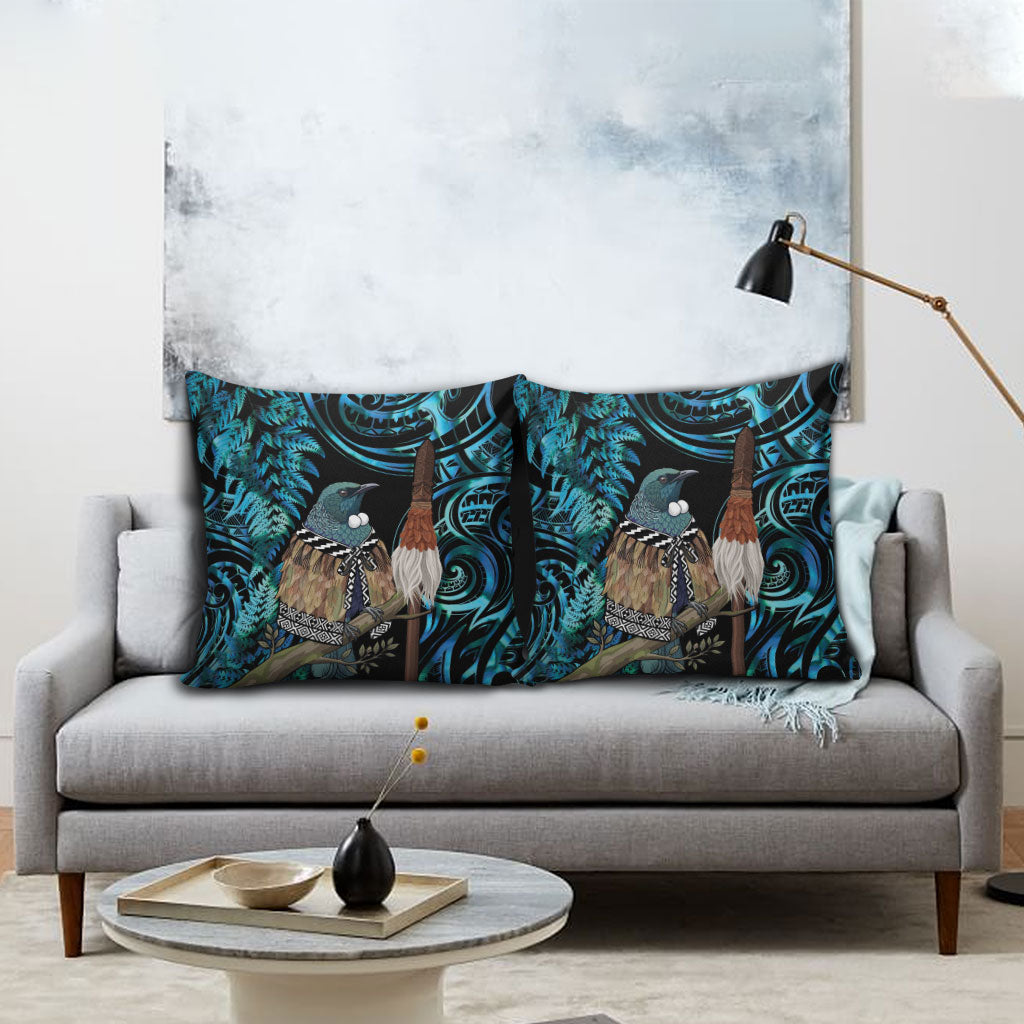 New Zealand Tui Bird Taiaha Pillow Cover Maori Weapon Paua Shell Mix Silver Fern LT14 - Polynesian Pride