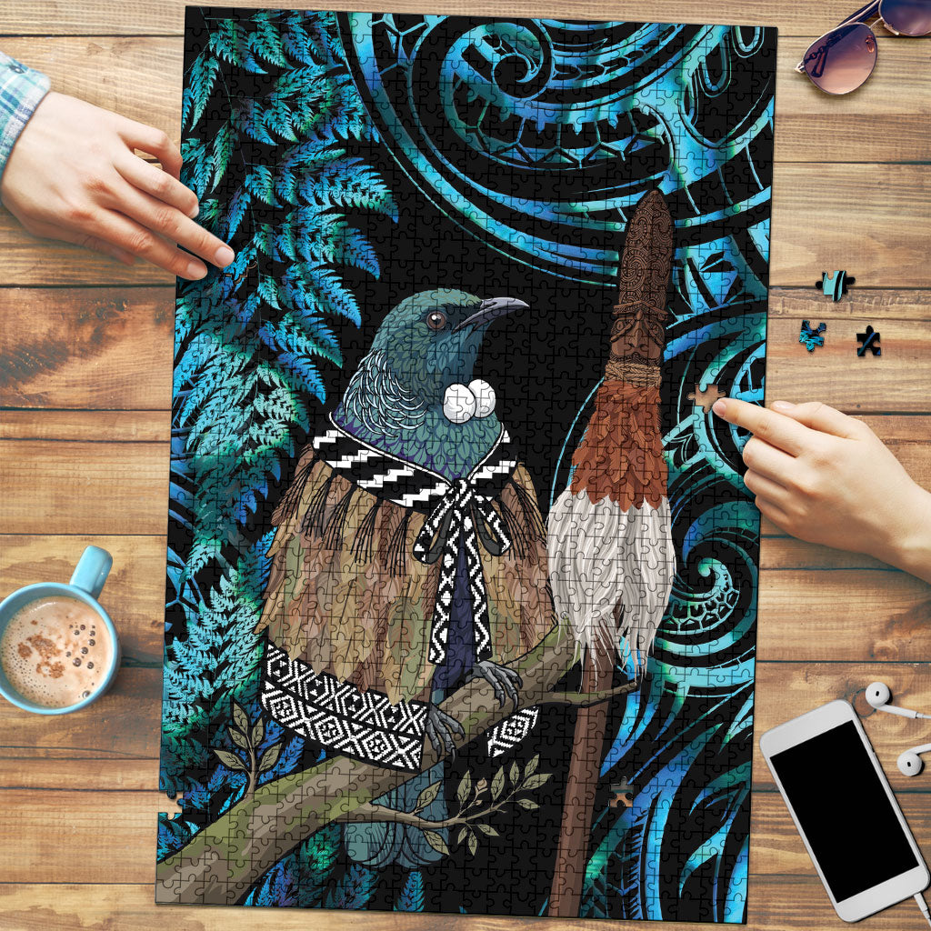 New Zealand Tui Bird Taiaha Puzzle Maori Weapon Paua Shell Mix Silver Fern LT14 Turquoise - Polynesian Pride
