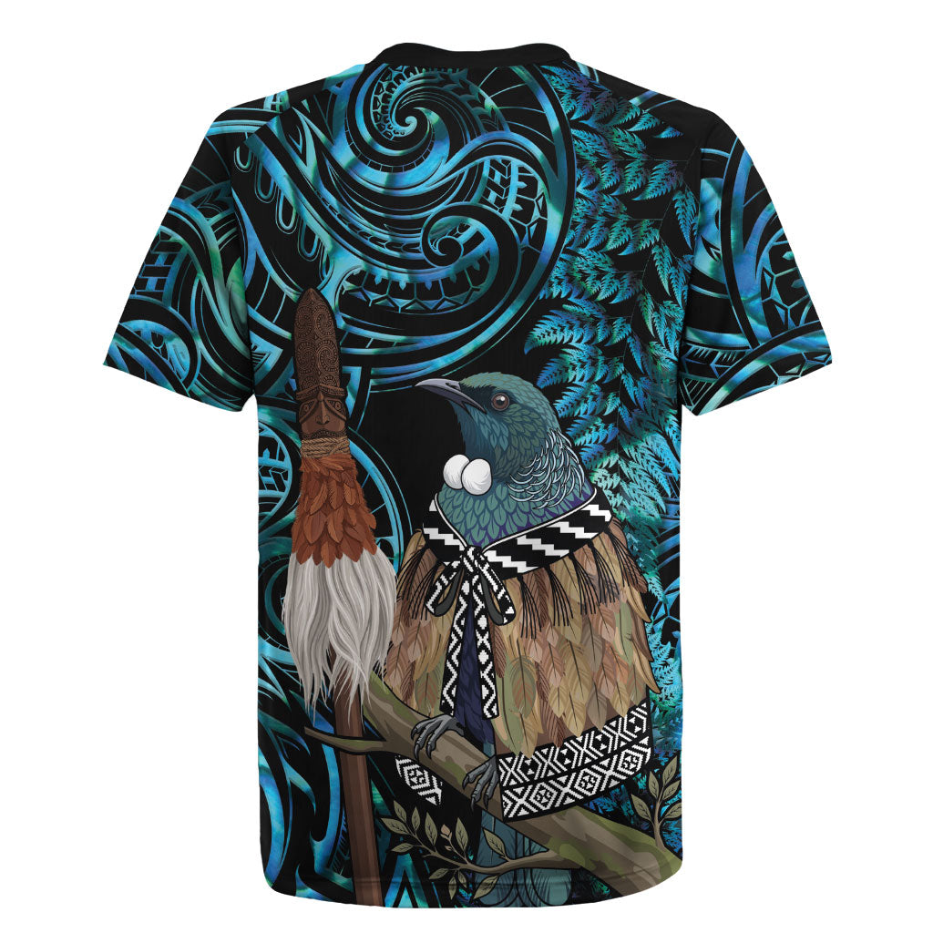 New Zealand Tui Bird Taiaha Rugby Jersey Maori Weapon Paua Shell Mix Silver Fern LT14 - Polynesian Pride