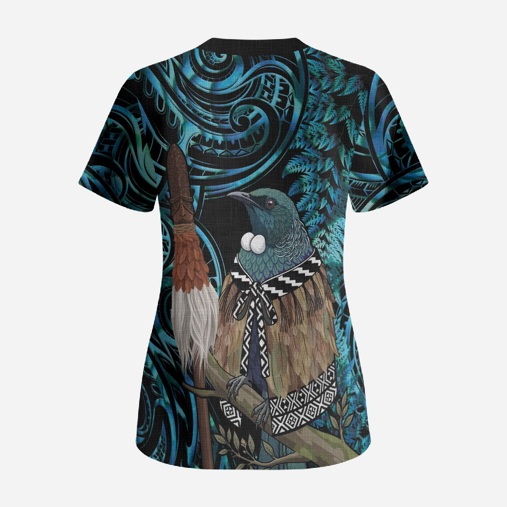 New Zealand Tui Bird Taiaha Scrub Top Maori Weapon Paua Shell Mix Silver Fern LT14 - Polynesian Pride