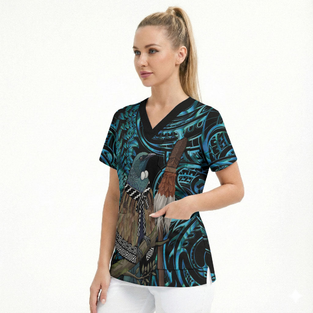 New Zealand Tui Bird Taiaha Scrub Top Maori Weapon Paua Shell Mix Silver Fern LT14 - Polynesian Pride