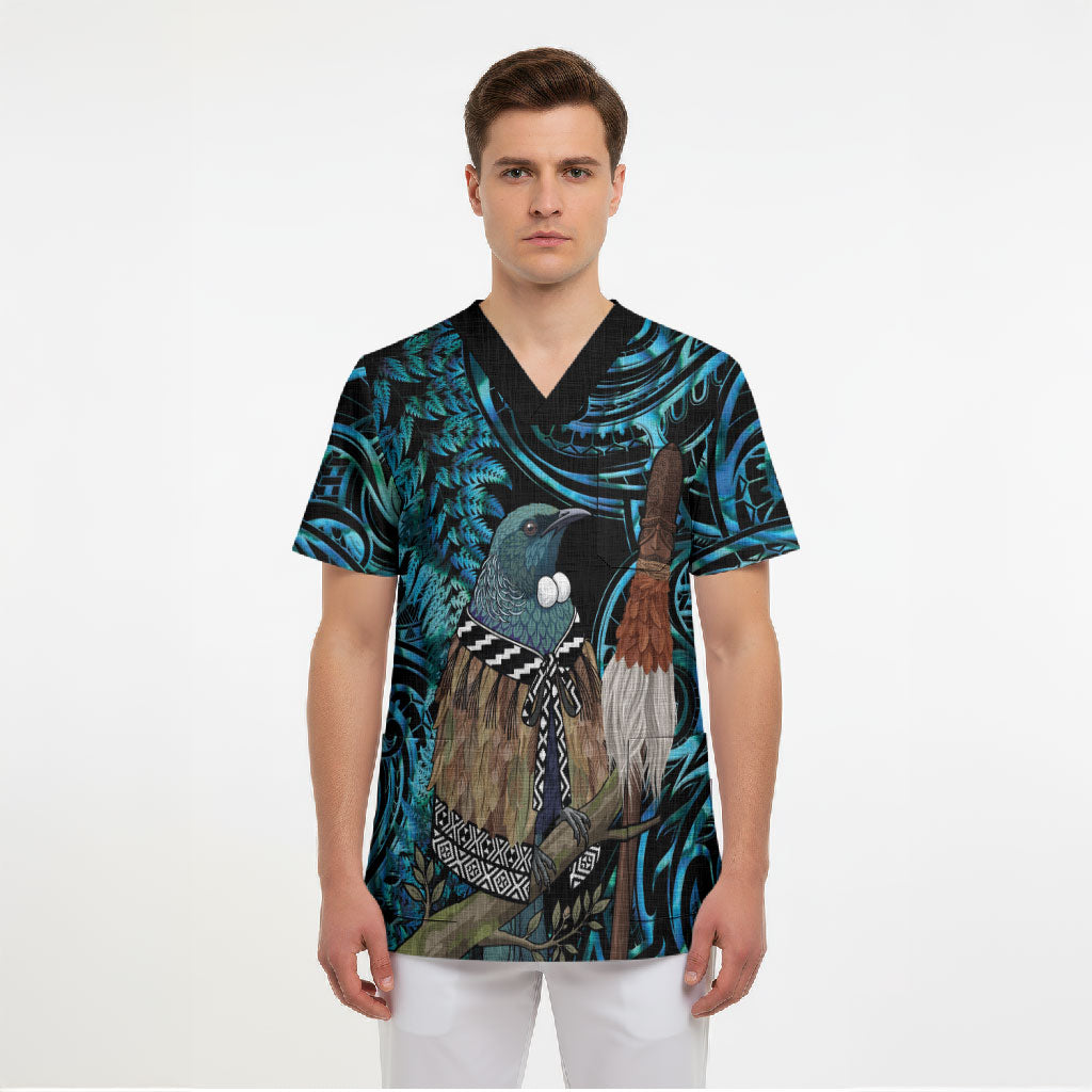 New Zealand Tui Bird Taiaha Scrub Top Maori Weapon Paua Shell Mix Silver Fern LT14 - Polynesian Pride