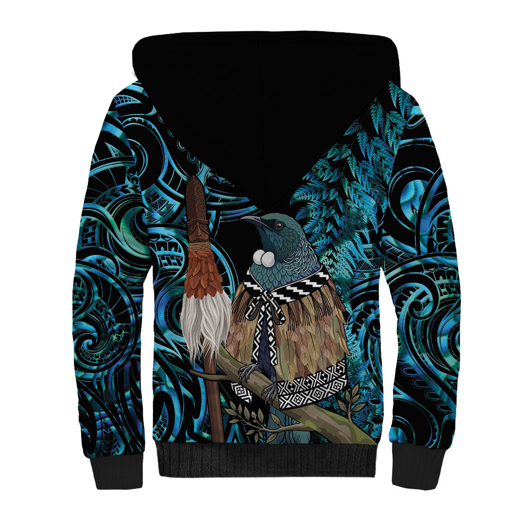 New Zealand Tui Bird Taiaha Sherpa Hoodie Maori Weapon Paua Shell Mix Silver Fern LT14 - Polynesian Pride