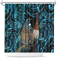 New Zealand Tui Bird Taiaha Shower Curtain Maori Weapon Paua Shell Mix Silver Fern LT14 Turquoise - Polynesian Pride