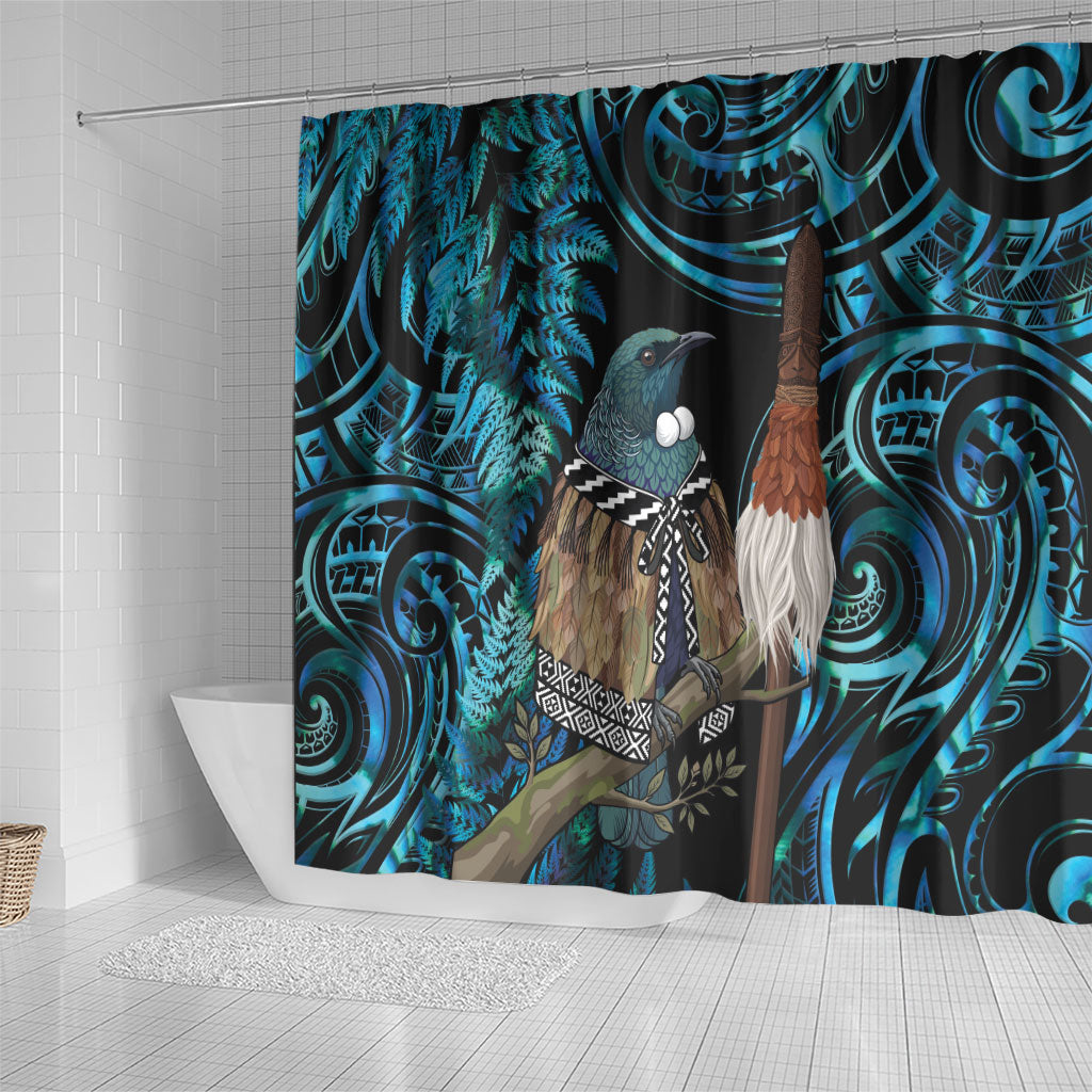 New Zealand Tui Bird Taiaha Shower Curtain Maori Weapon Paua Shell Mix Silver Fern LT14 - Polynesian Pride