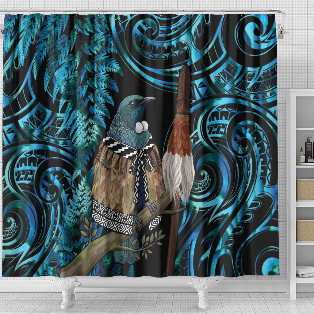 New Zealand Tui Bird Taiaha Shower Curtain Maori Weapon Paua Shell Mix Silver Fern LT14 - Polynesian Pride