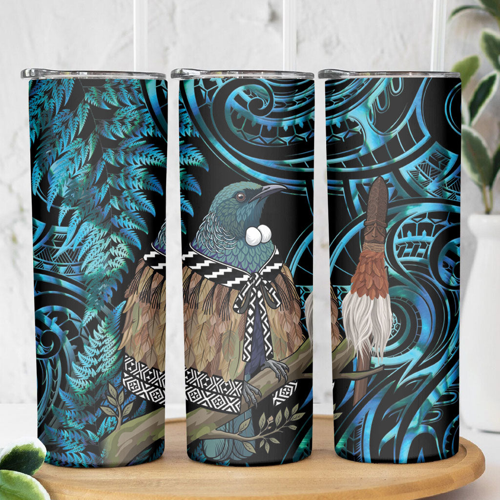 New Zealand Tui Bird Taiaha Skinny Tumbler Maori Weapon Paua Shell Mix Silver Fern LT14 - Polynesian Pride