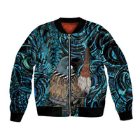 New Zealand Tui Bird Taiaha Sleeve Zip Bomber Jacket Maori Weapon Paua Shell Mix Silver Fern LT14 Unisex Turquoise - Polynesian Pride