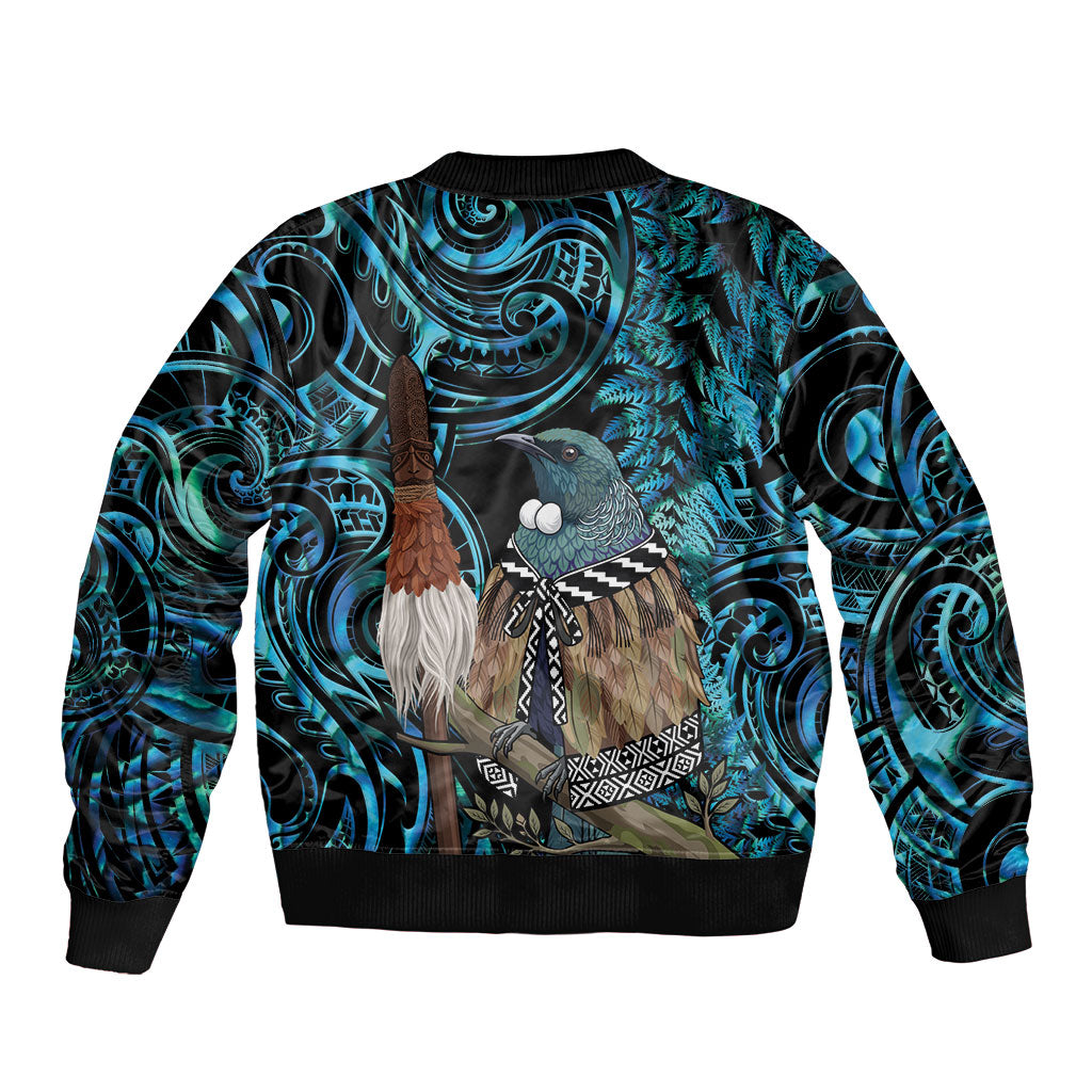 New Zealand Tui Bird Taiaha Sleeve Zip Bomber Jacket Maori Weapon Paua Shell Mix Silver Fern LT14 - Polynesian Pride