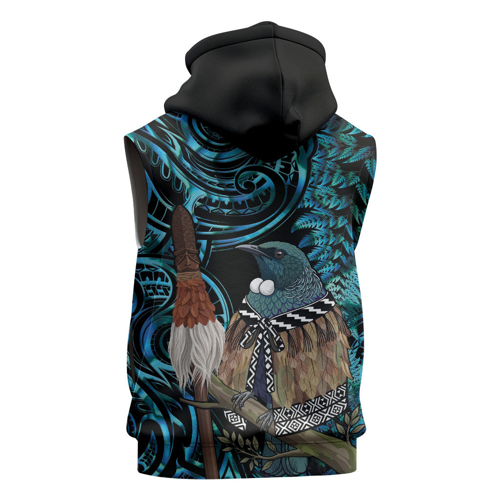 New Zealand Tui Bird Taiaha Sleeveless Hoodie Maori Weapon Paua Shell Mix Silver Fern LT14 - Polynesian Pride