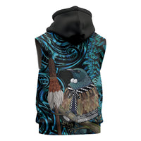 New Zealand Tui Bird Taiaha Sleeveless Hoodie Maori Weapon Paua Shell Mix Silver Fern LT14 - Polynesian Pride