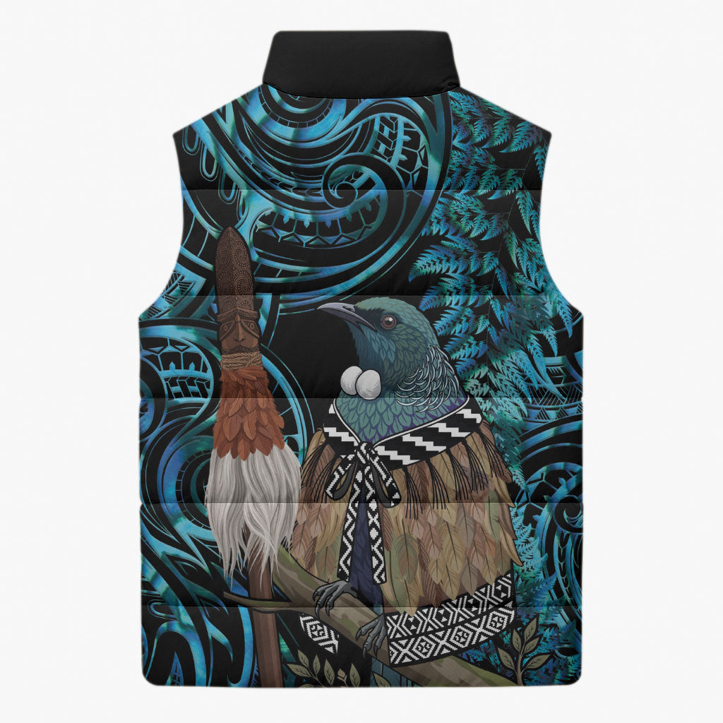 New Zealand Tui Bird Taiaha Sleeveless Puffer Jacket Maori Weapon Paua Shell Mix Silver Fern LT14 - Polynesian Pride