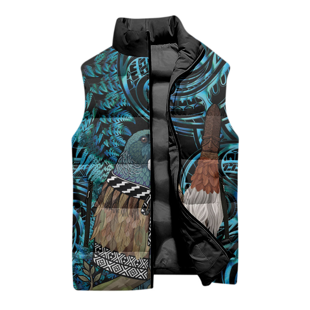 New Zealand Tui Bird Taiaha Sleeveless Puffer Jacket Maori Weapon Paua Shell Mix Silver Fern LT14 - Polynesian Pride