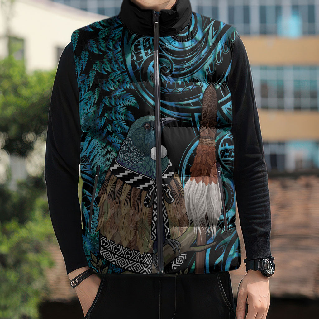 New Zealand Tui Bird Taiaha Sleeveless Puffer Jacket Maori Weapon Paua Shell Mix Silver Fern LT14 - Polynesian Pride