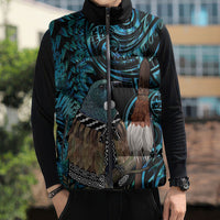 New Zealand Tui Bird Taiaha Sleeveless Puffer Jacket Maori Weapon Paua Shell Mix Silver Fern LT14 - Polynesian Pride